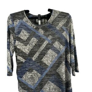 Alfred Dunner Blue, Gray & White Geometric Long Sleeve Top Y2K Casual PM